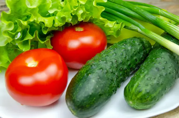 Schönes Frisches Saftiges Gemüse Auf Einem Weißen Teller Frische Paprika — Stockfoto