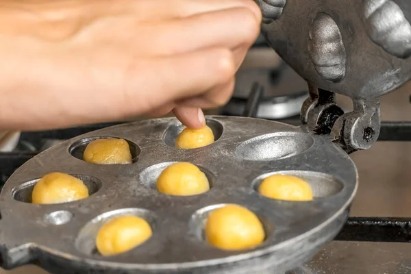 Woman Hand Puts Cookie Dough Balls Cookie Baking Dish Nut — Stock Photo, Image