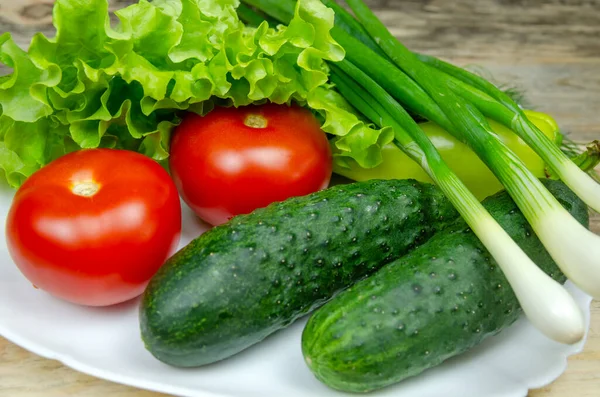 Schönes Frisches Saftiges Gemüse Auf Einem Weißen Teller Frische Paprika — Stockfoto