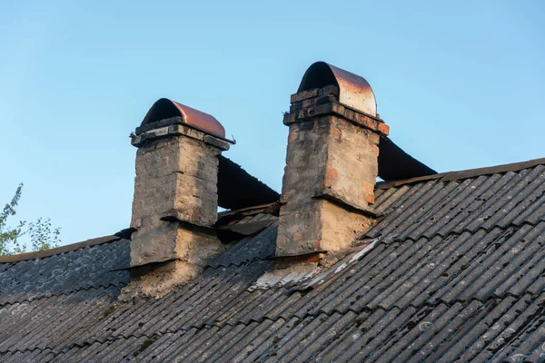 Two Chimneys Roof House Close Blue Sky — Stock Photo, Image