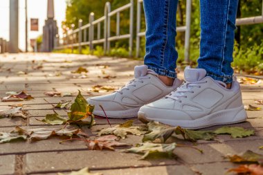 Sonbaharda kaldırımda, güneşli bir günde düşen sarı yaprakların arasında beyaz spor ayakkabılar..