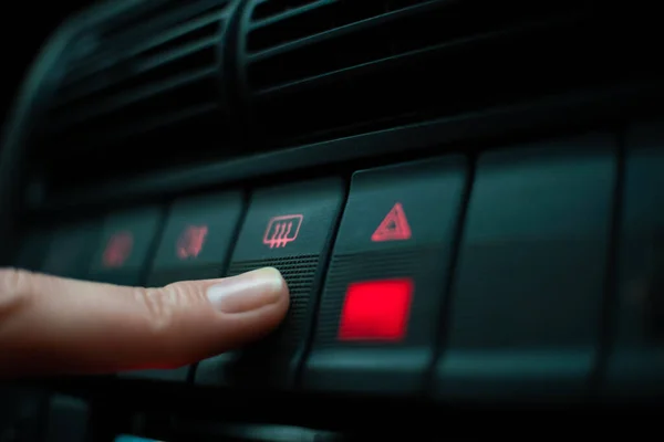 Woman Finger Presses Emergency Button Highlighted Red Instrument Panel Close — Stock Photo, Image