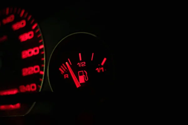 Fuel Tank Level Instrument Panel Red Illumination Dark Close — Stock Photo, Image