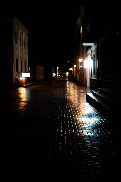 Vista Noturna Rua Cidade Com Uma Estrada Tijolo Coberta Gelo — Fotografia de Stock