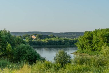 Güneşli bir yaz gününde ağaçların ve çalıların arasında güzel bir nehrin kıyısında ev duruyor. Güzel manzara.