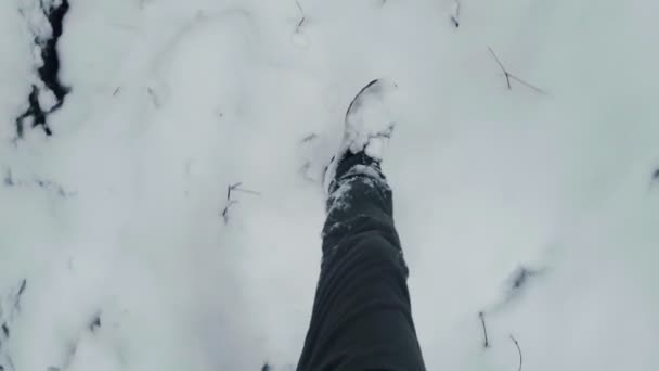 Lábak egy ember sétál a laza hó, kilátással felülről. — Stock videók