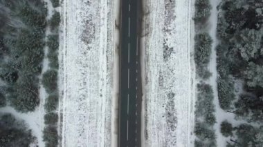 Karla kaplı bir yol ve kış ormanı boyunca insansız hava aracı hareketi.