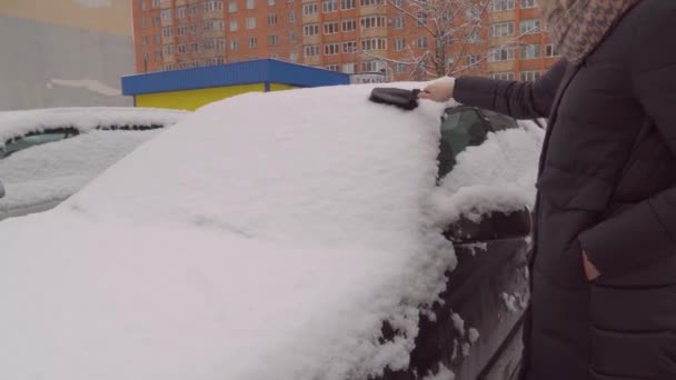 Žena čistí auto od sněhu po sněhové bouři štětcem. — Stock video