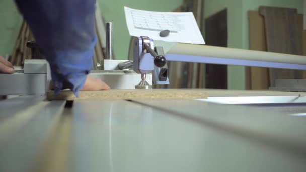 Un hombre corta una losa de madera en una máquina de corte de formato. — Vídeos de Stock