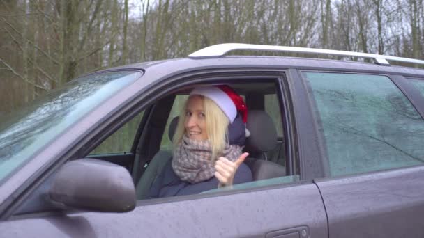 サンタクロースの帽子の女性は車の中で座っていて、 OKサインを持っています — ストック動画