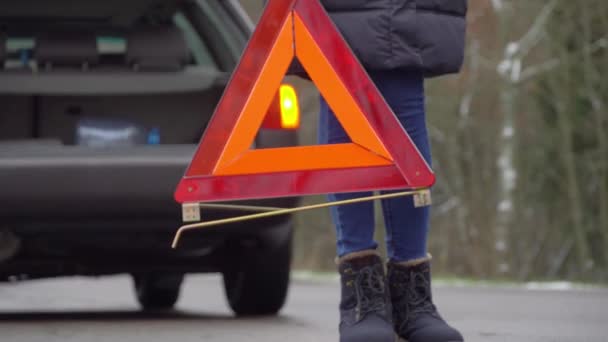 Una mujer coloca una señal de parada de emergencia mientras está de pie junto a un coche destrozado. — Vídeos de Stock