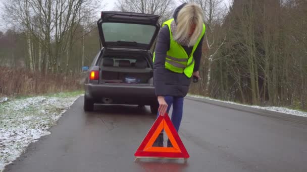 Une femme met en place un panneau d'arrêt d'urgence alors qu'elle se tient près d'une voiture détruite. — Video