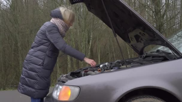 Bozuk bir arabanın yanında duran bir kadın akıllı telefonuyla arıyor.. — Stok video