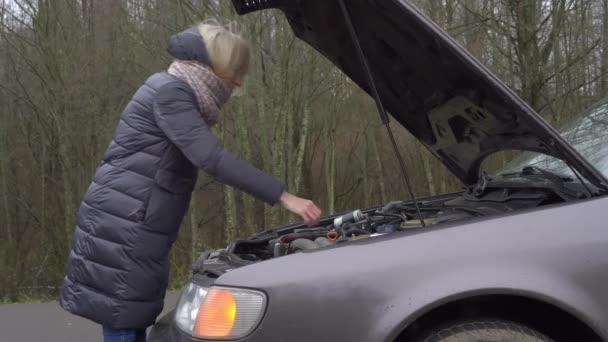 Eine Frau ruft auf ihrem Smartphone an, während sie am kaputten Auto steht. — Stockvideo