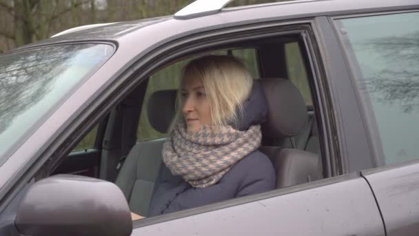 Frau sitzt im Auto und zeigt OK-Zeichen mit der Hand — Stockvideo