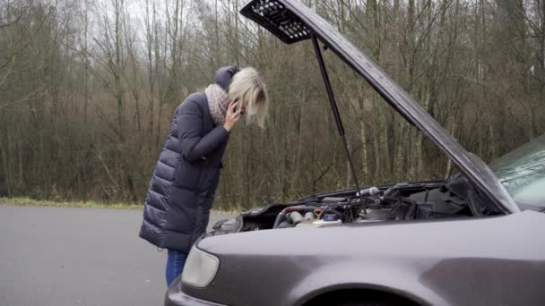 Eine Frau ruft auf ihrem Smartphone an, während sie am kaputten Auto steht. — Stockvideo