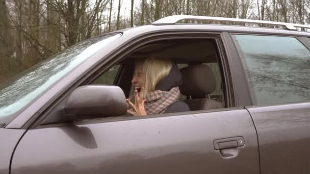 Joven rubia está enojada y gritando mientras está sentada detrás del volante. — Vídeos de Stock