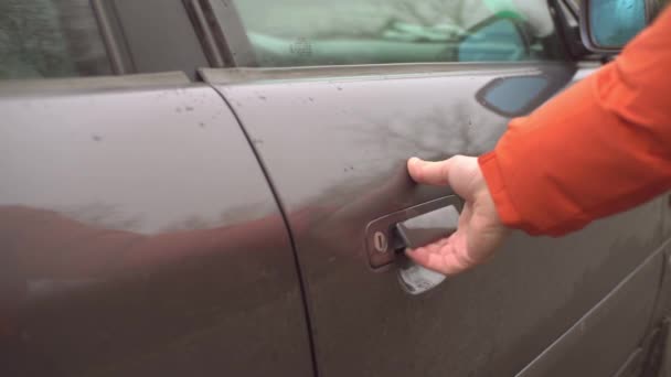 El hombre abre la puerta del coche plateado y la chica sale de él. — Vídeos de Stock