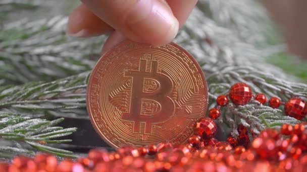 Ouro Bitcoin moeda. Ambiente festivo. Luzes coloridas — Vídeo de Stock