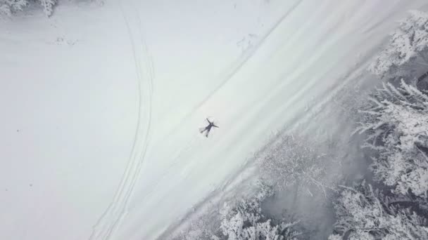 Mulher jovem despreocupada acenando seus braços e pernas em um snowdrift. Anjo — Vídeo de Stock