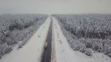 Drone. Kozalaklı orman, yol ve köy. Asfalt. Kış manzarası.