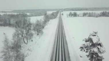 Drone. Kozalaklı orman, yol ve köy. Asfalt. Kış manzarası.
