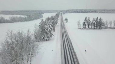 Drone. Kozalaklı orman, yol ve köy. Asfalt. Kış manzarası.