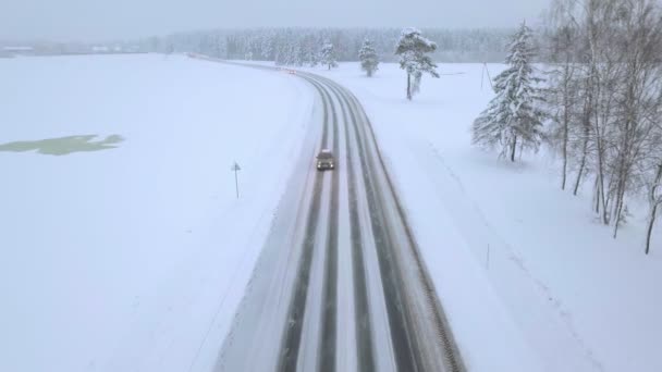 Drone. Foresta di conifere, strada e villaggio. Asfalto. Paesaggio invernale. — Video Stock