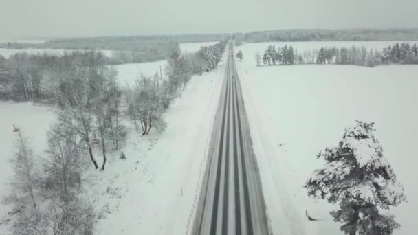 无人机。针叶林，道路和村庄。阿司匹林。冬季景观. — 图库视频影像