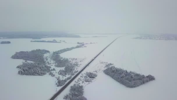 Drohne. Nadelwald, Straße und Dorf. Asphalt. Winterlandschaft. — Stockvideo