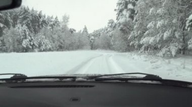 Bir adam, ormandaki karla kaplı kırsal bir yolda modern bir araba kullanıyor.