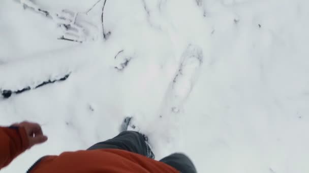 Pieds d'un homme marchant sur de la neige meuble avec une vue d'en haut. — Video