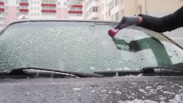 Femme gratte la glace sur le pare-brise de sa voiture après un long parking. — Video