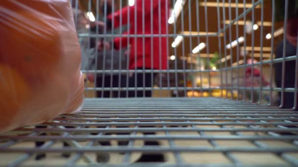 Caméra dans des chariots dans le supermarché. Mouvement dans le magasin. — Video