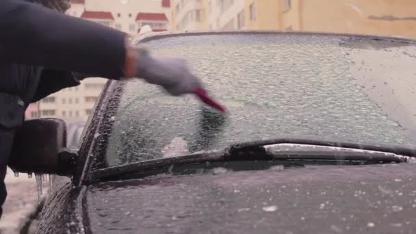 Femme gratte la glace sur le pare-brise de sa voiture après un long parking. — Video