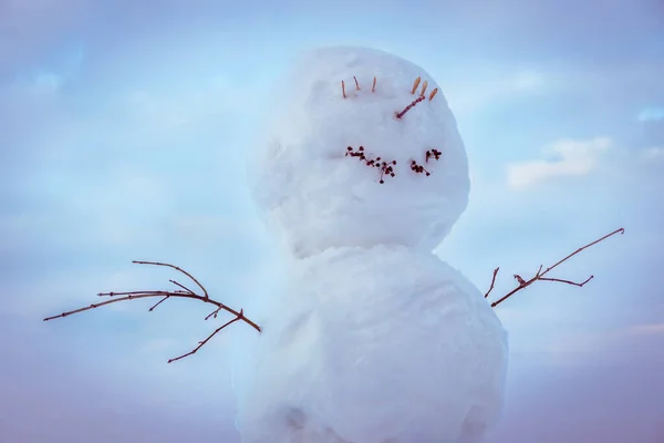 一个美丽 快乐的雪人的头 站在蓝天的背景上 云彩密布 雪人的美丽冬季背景 — 图库照片