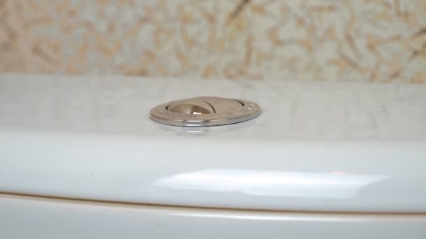 La main d'un homme appuie sur le double bouton de chasse d'eau sur les toilettes. — Video