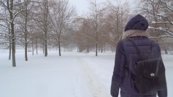 Junge schöne Frau läuft im Winter bei starkem Schneefall durch die Stadt. — Stockvideo