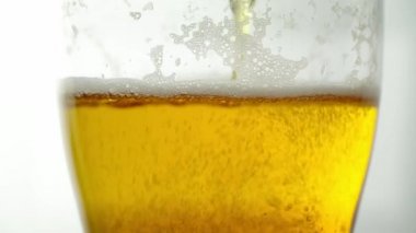 Cam bardakta köpüklü bira köpüklerinin yakın çekimi. Hafif bira..