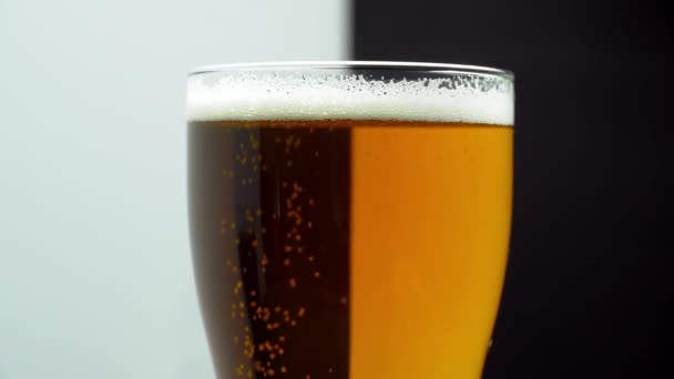 El vidrio se divide en dos colores, blanco y negro. La selección de cerveza — Vídeos de Stock