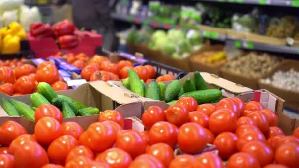 Tomate y hermoso pepino en la cesta del estante en el supermercado de comestibles — Vídeos de Stock