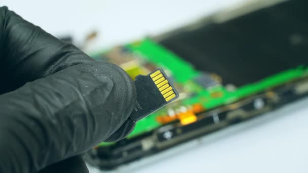 Un técnico sostiene una tarjeta microSD en un centro de servicio de reparación — Vídeos de Stock