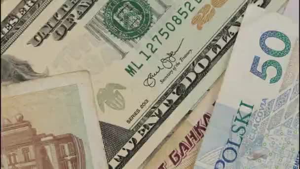 Dolary, ruble rosyjskie, lari gruzińskie i złote polskie w ruchu cash stop. — Wideo stockowe