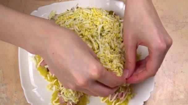 Розташувати шматочки яєць, маринований огірок, варену ковбасу. салат — стокове відео