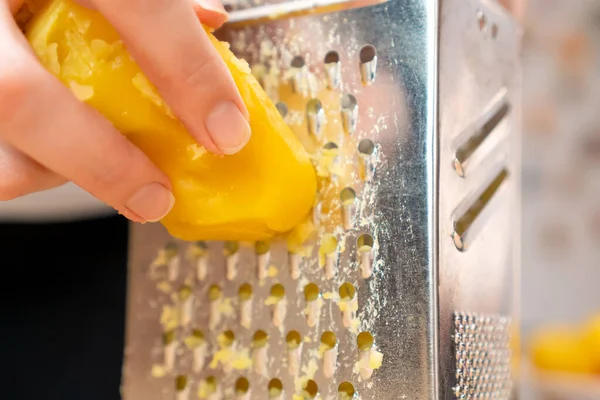 Female Hands Rub Boiled Potatoes Grater Close Cooking — Stock Photo, Image