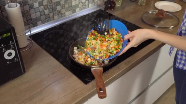 Cocinar jugosos trozos de carne y verduras frescas en una sartén. Primer plano — Vídeos de Stock