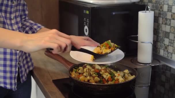 女厨师把油炸蔬菜和家禽肉放在平底锅里的盘子里 烹调多汁的肉和新鲜蔬菜 她给了每个家庭成员一份 健康的家庭烹调 — 图库视频影像