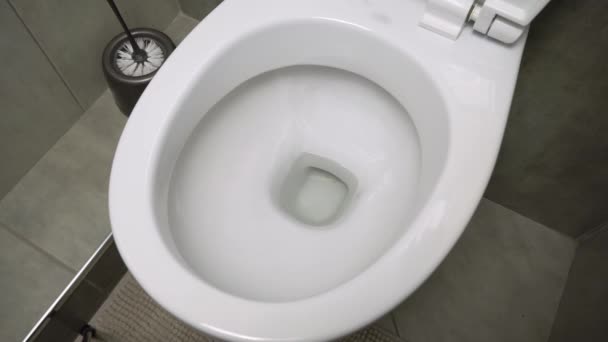 Spoltoalett. Vatten spolar toaletten. Spola vattnet i den keramiska toaletten. — Stockvideo