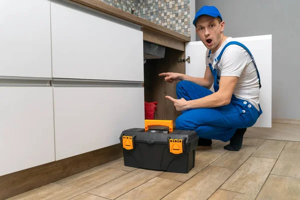 Handyman Overalls Looks Surprise Pipes Sink Kitchen Next Box Tools — Stock Photo, Image