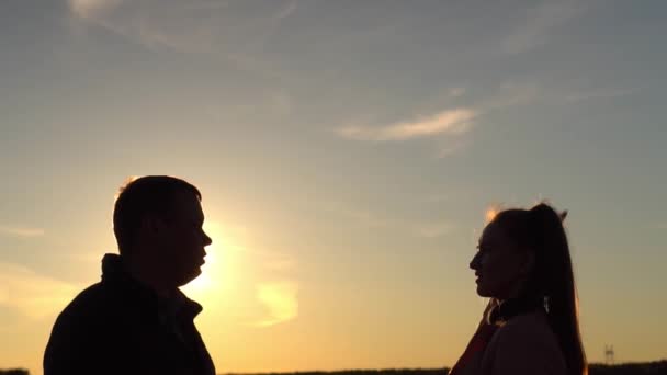 Um tipo e uma mulher a mais ao pôr-do-sol num campo. Close-up. câmara lenta — Vídeo de Stock